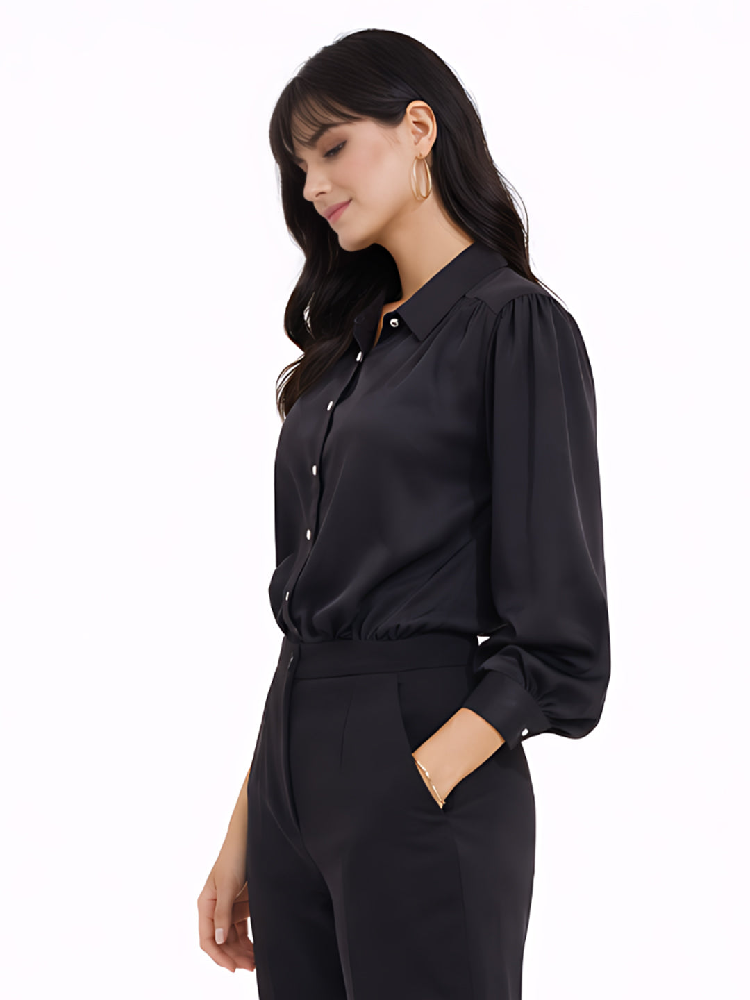 Black Solid Collar Neck Long Sleeves Top