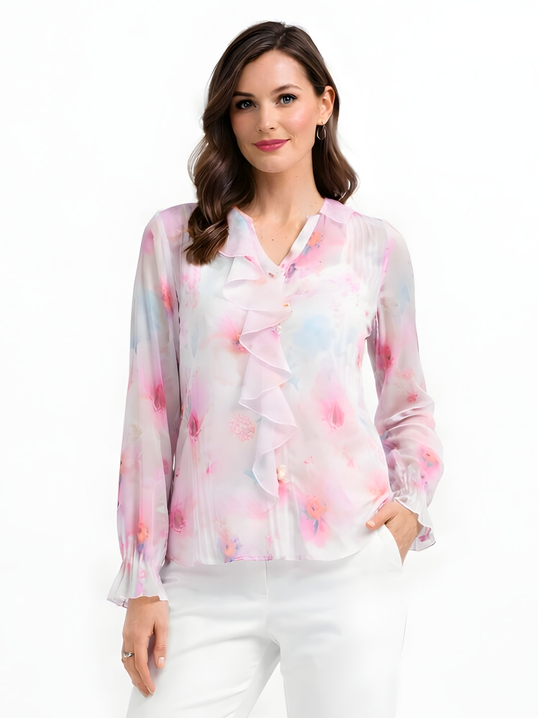 Multi Floral V-Neck Long Sleeves Blouses & Tops
