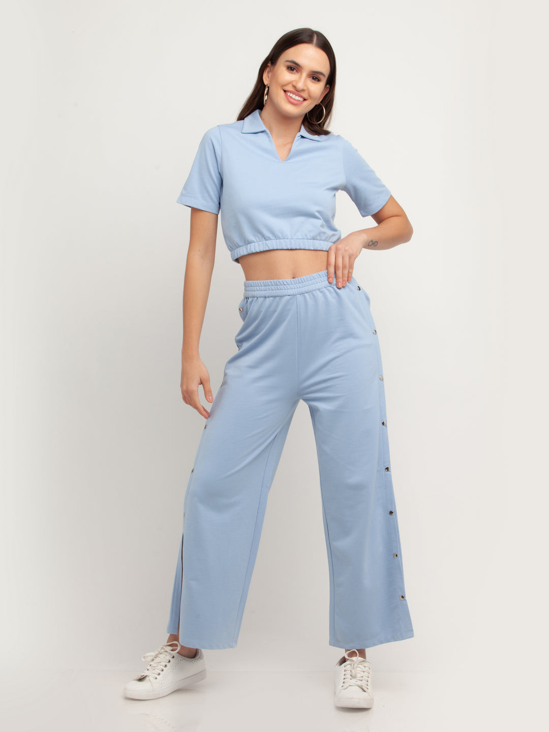 Blue Solid Short Sleeves Trouser