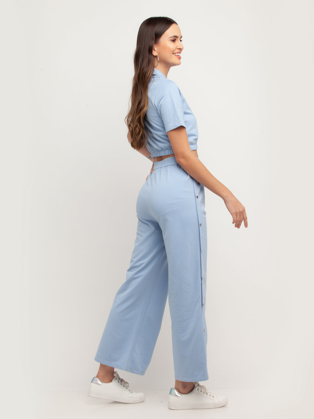 Blue Solid Short Sleeves Trouser
