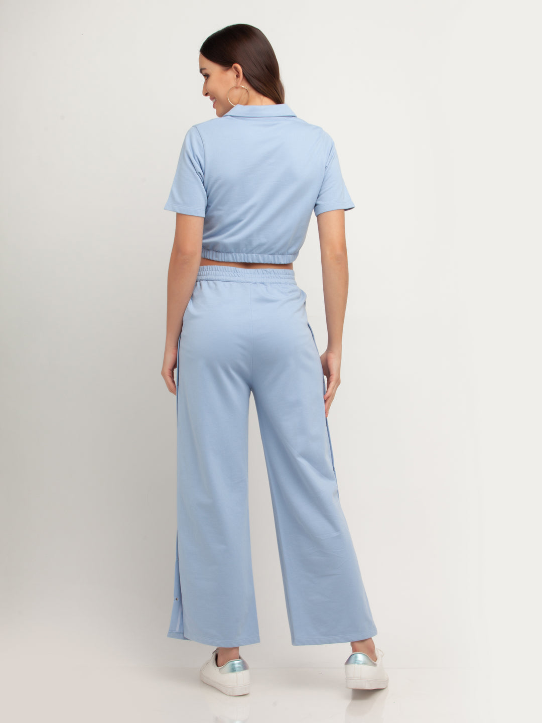 Blue Solid Short Sleeves Trouser