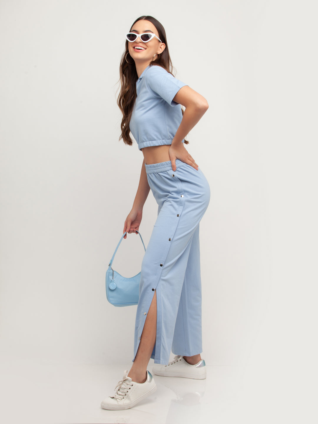 Blue Solid Short Sleeves Trouser