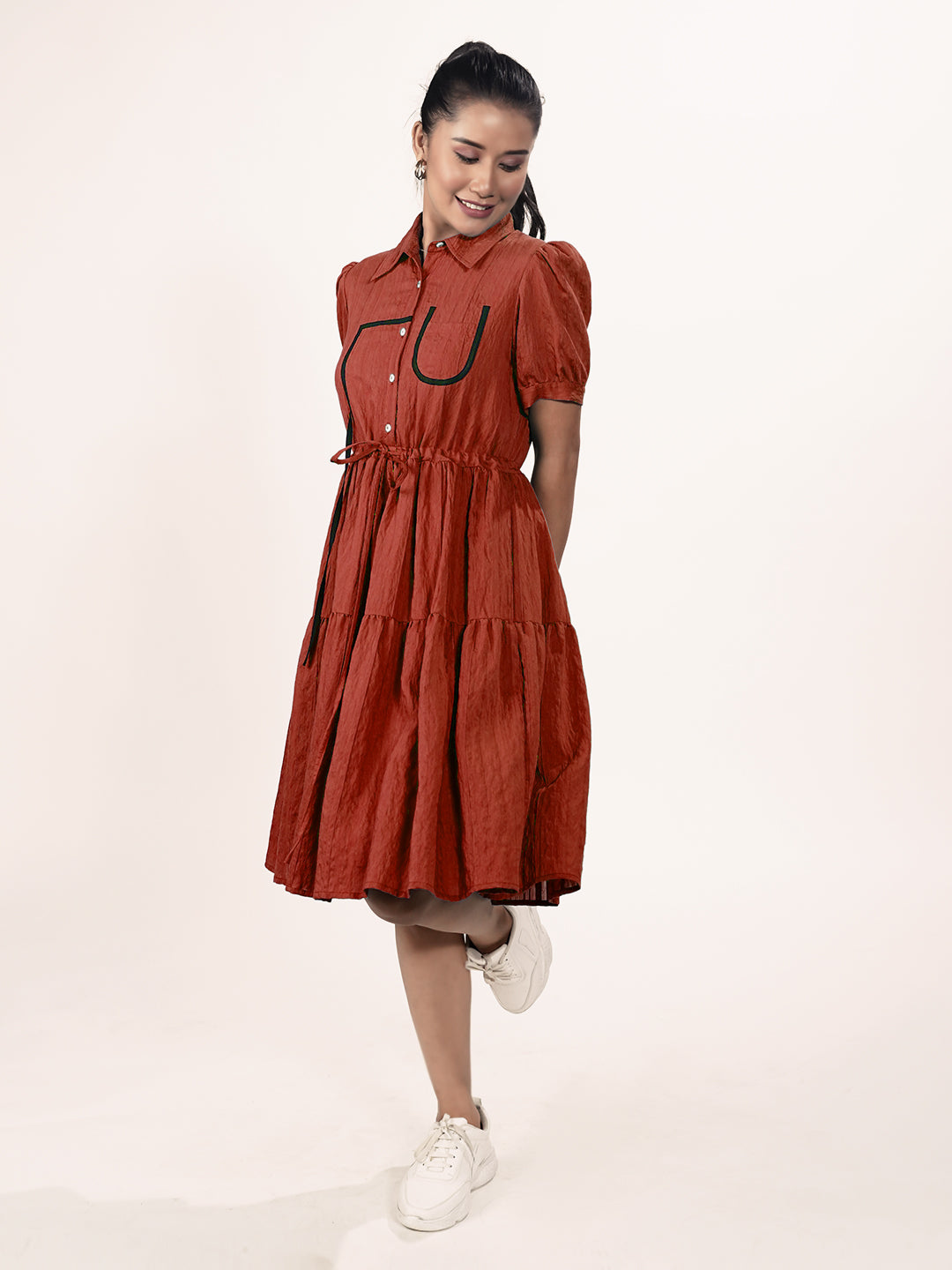 Brown Solid Knee-Length A-Line Dress