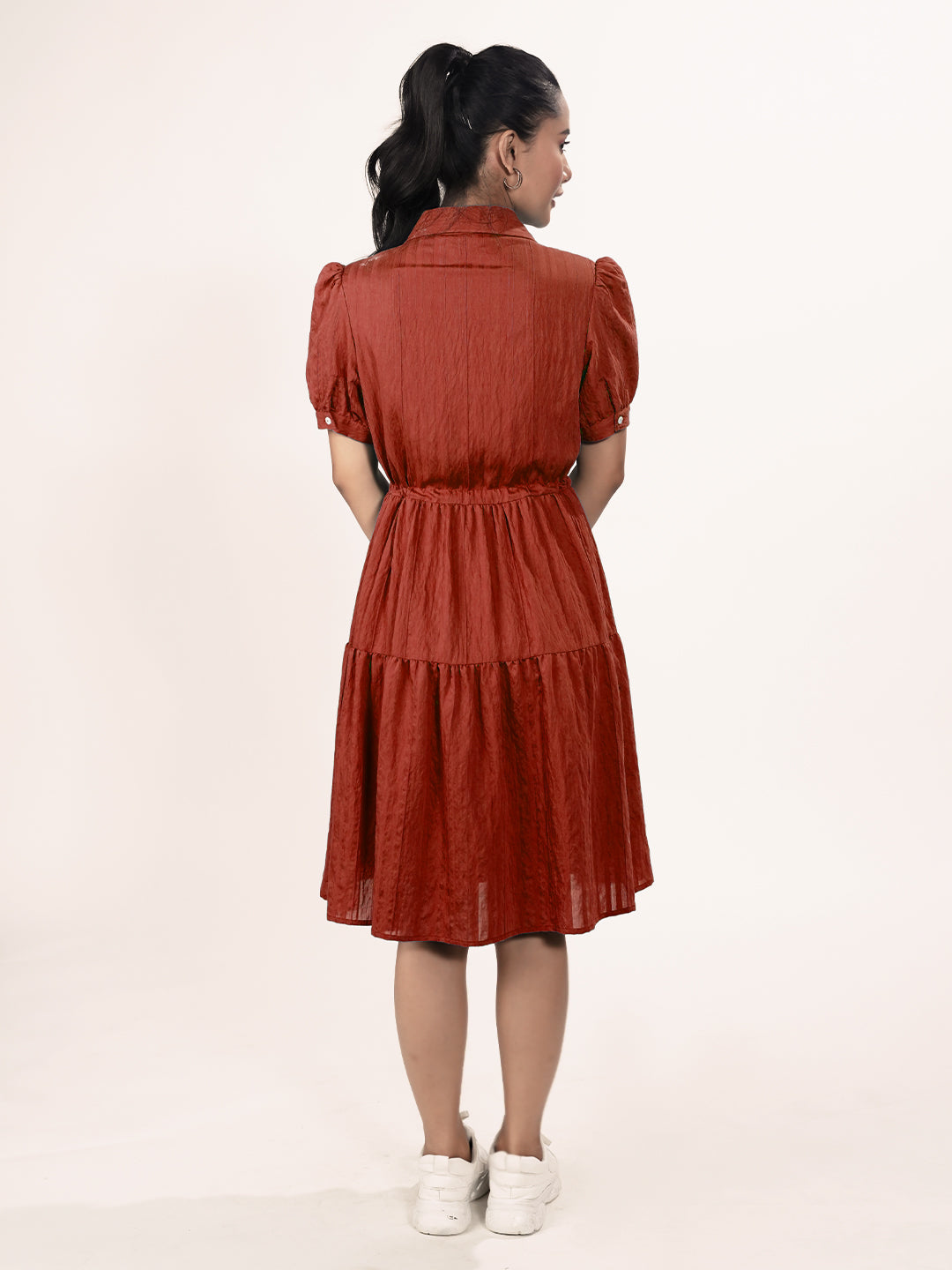 Brown Solid Knee-Length A-Line Dress