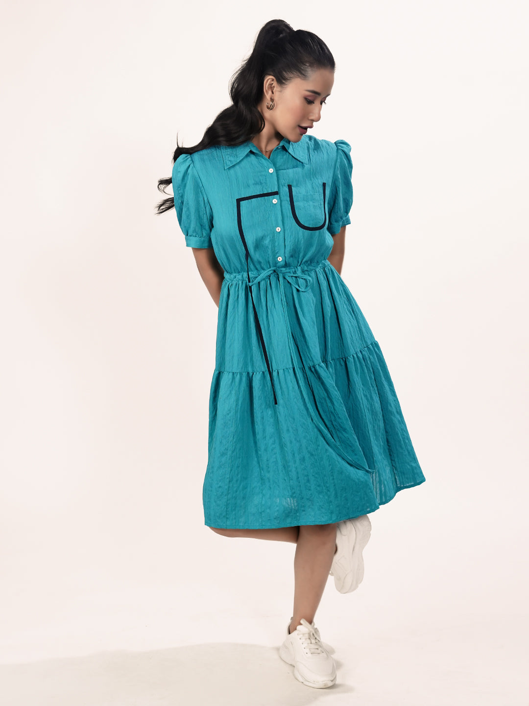 Green Solid Knee-Length A-Line Dress