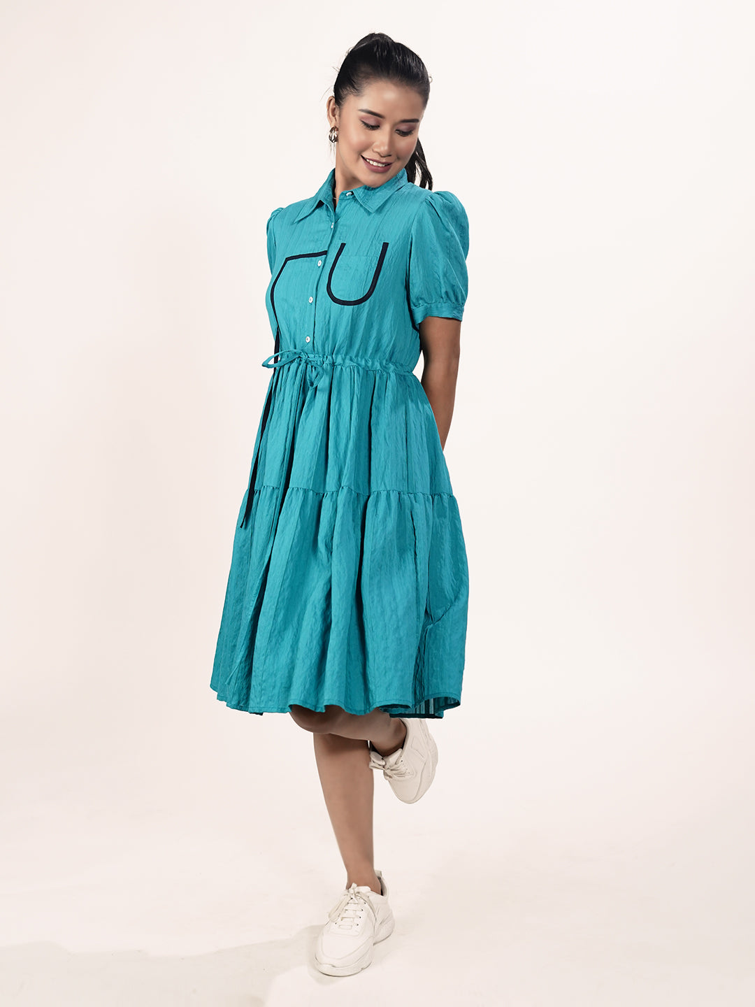 Green Solid Knee-Length A-Line Dress