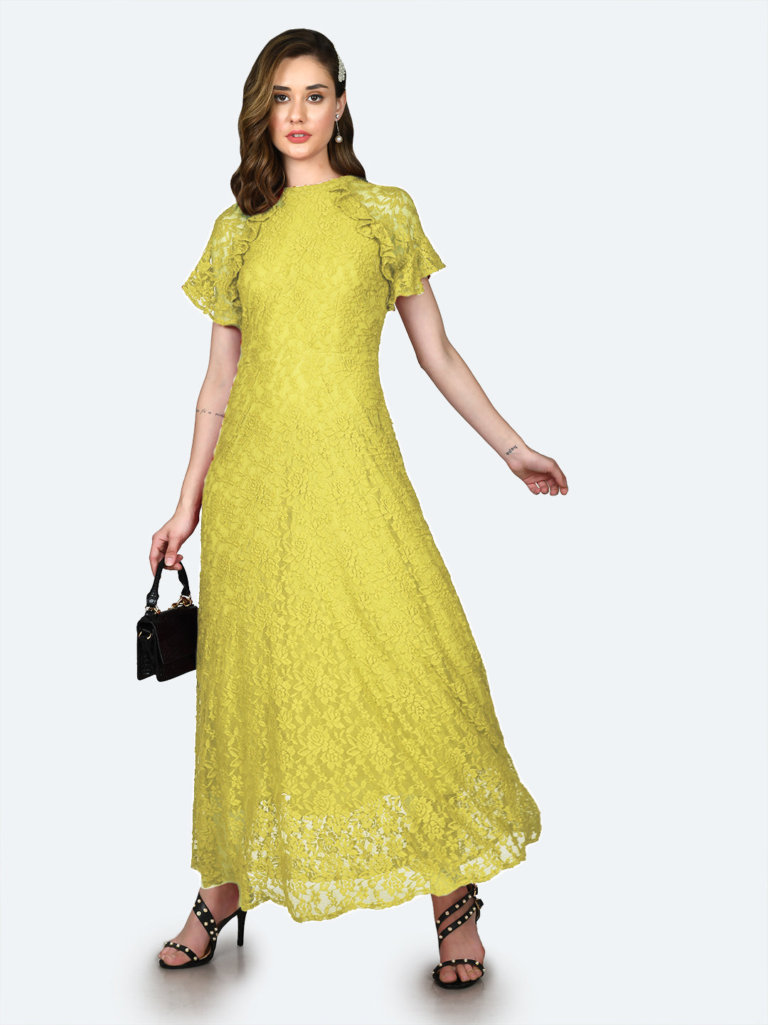 Yellow Lace Round Neck Maxi