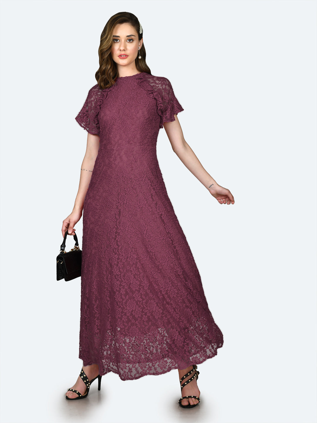 Wine Colored Lace Round Neck Maxi