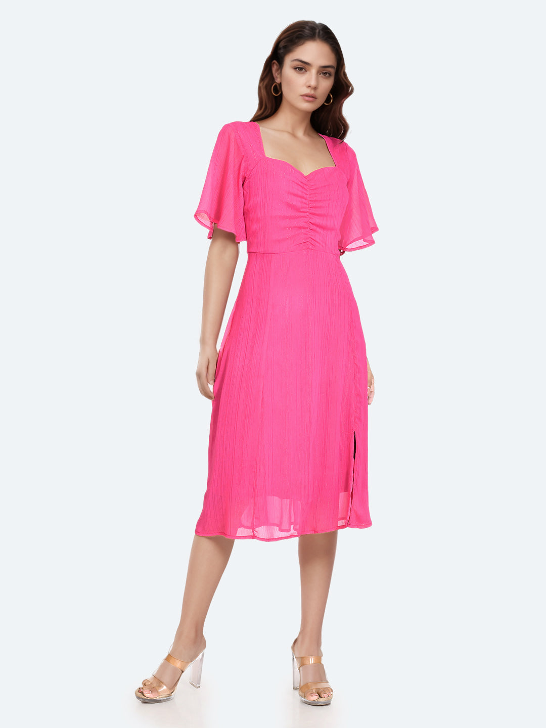 Pink Solid Ruched Midi Dress