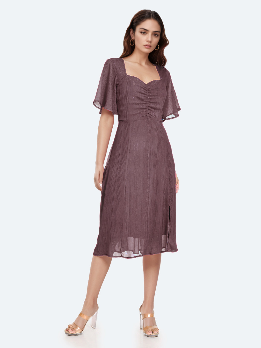 Wine Solid Ruched Midi Dress