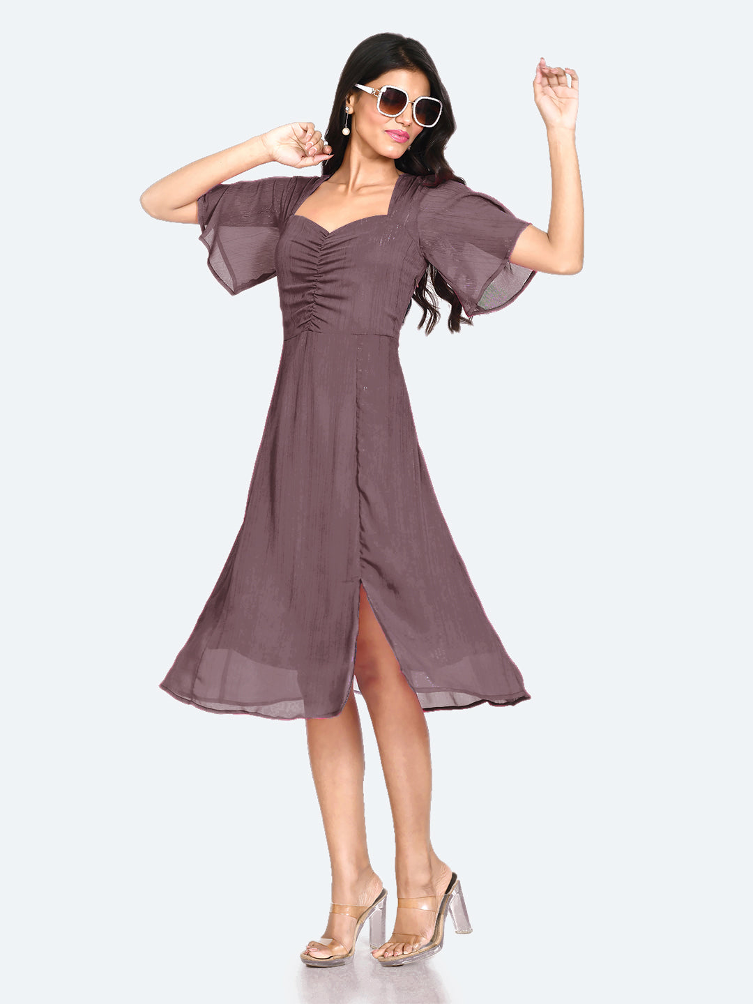 Wine Solid Ruched Midi Dress