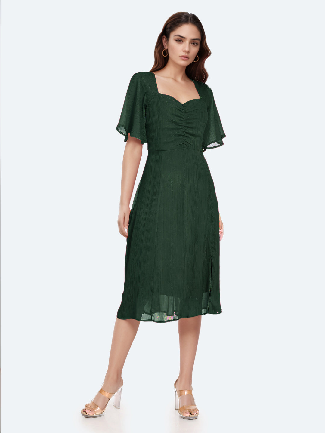 Green Solid Ruched Midi Dress