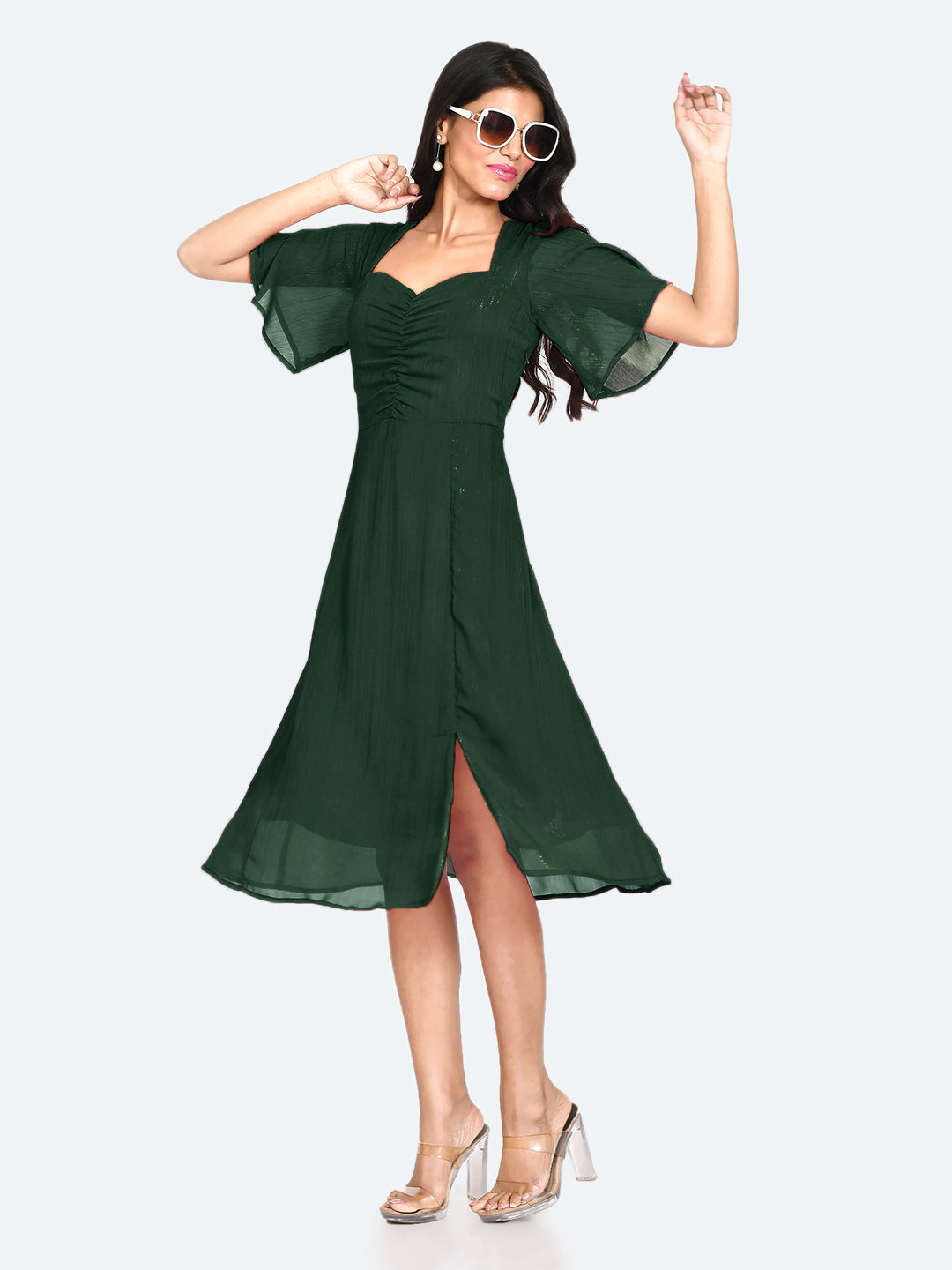 Green Solid Ruched Midi Dress