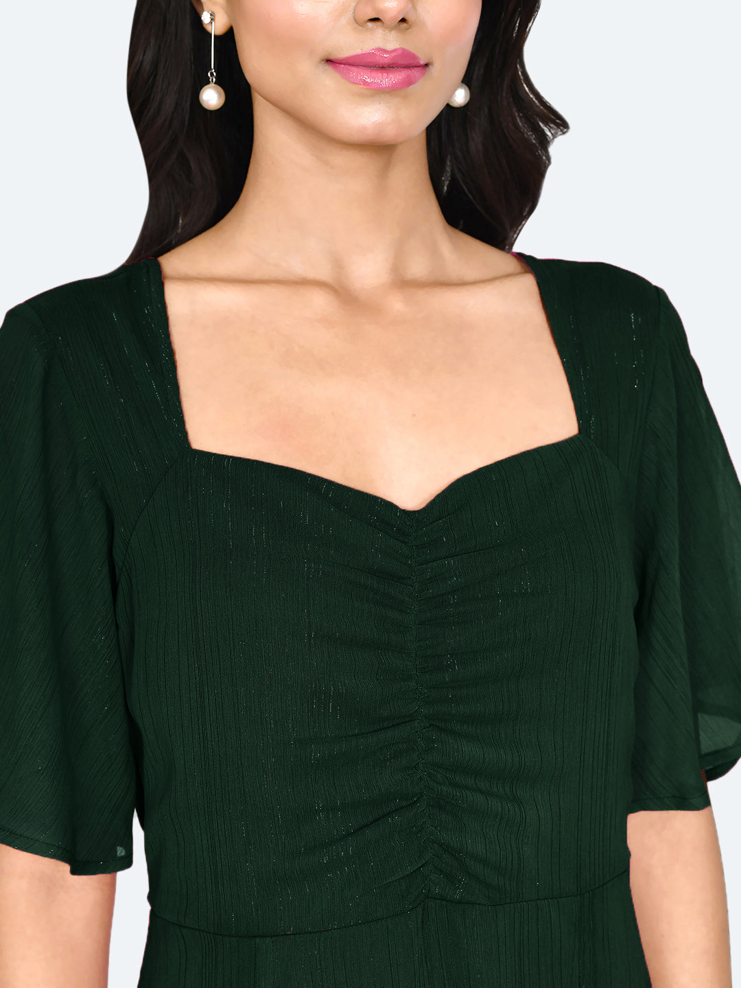 Green Solid Ruched Midi Dress