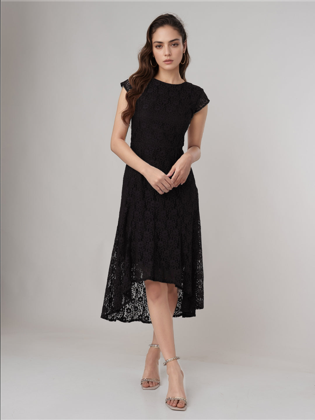 Black Lace Round Neck Midi