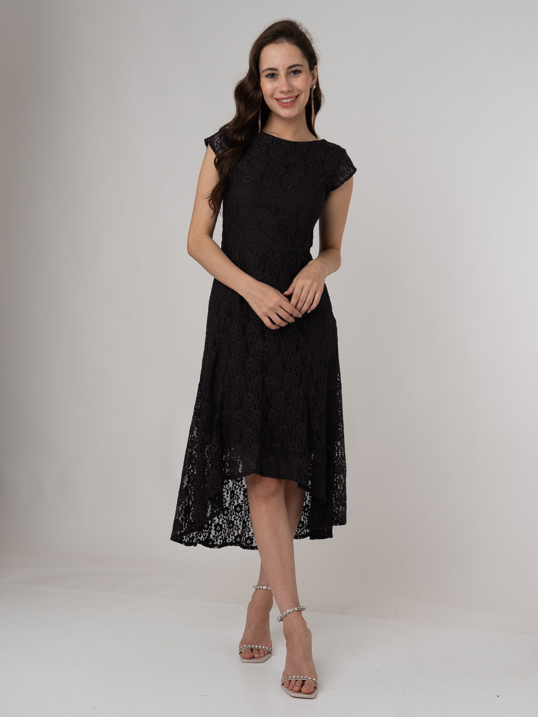 Black Lace Round Neck Midi