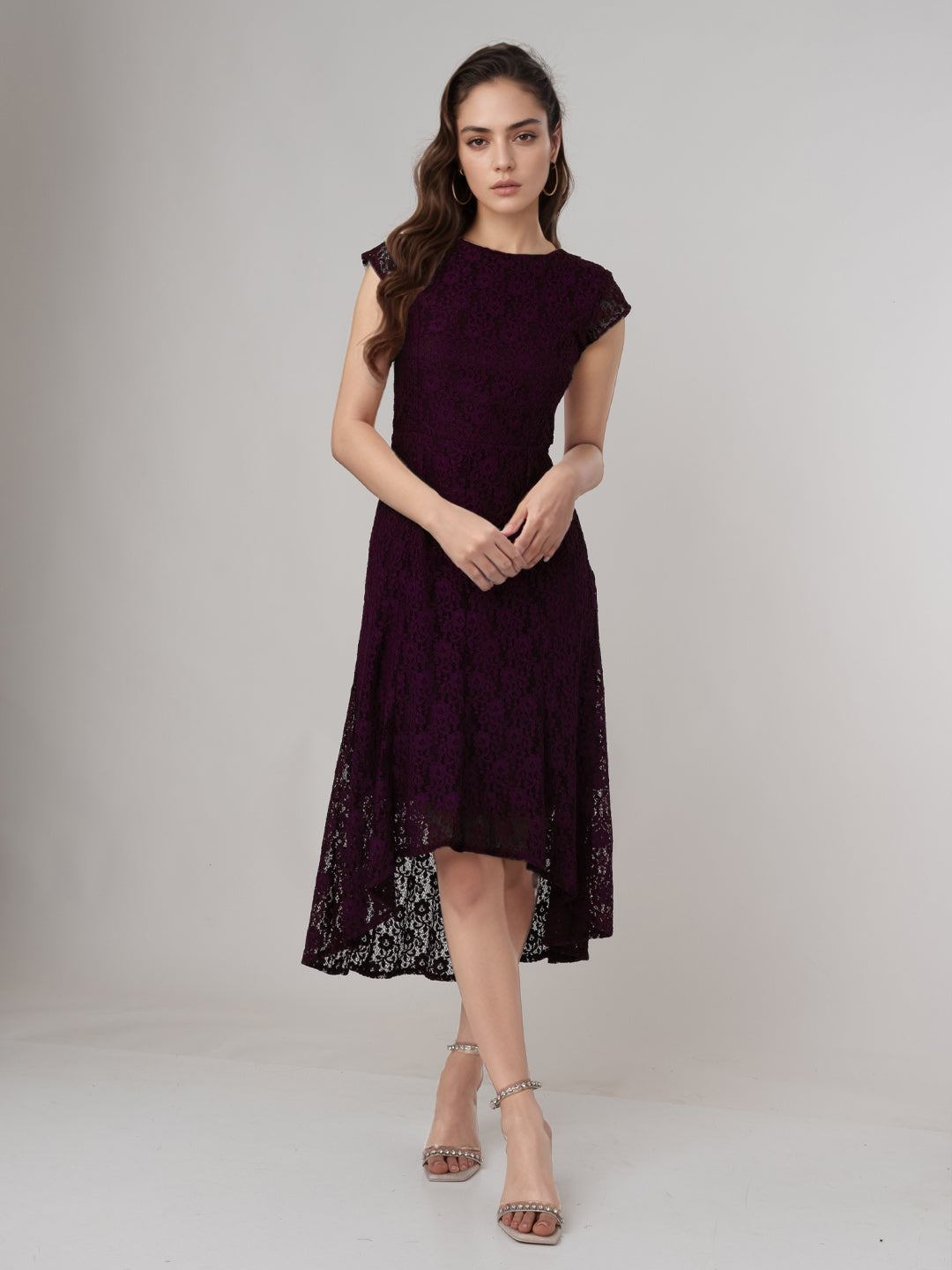 Wine Colored Lace Round Neck Midi