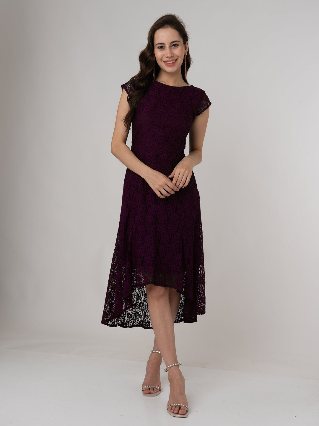 Wine Colored Lace Round Neck Midi