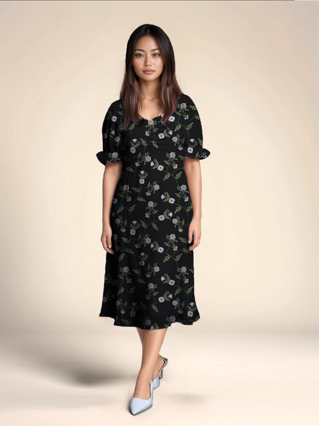 Black Floral Print A-Line Midi Dress