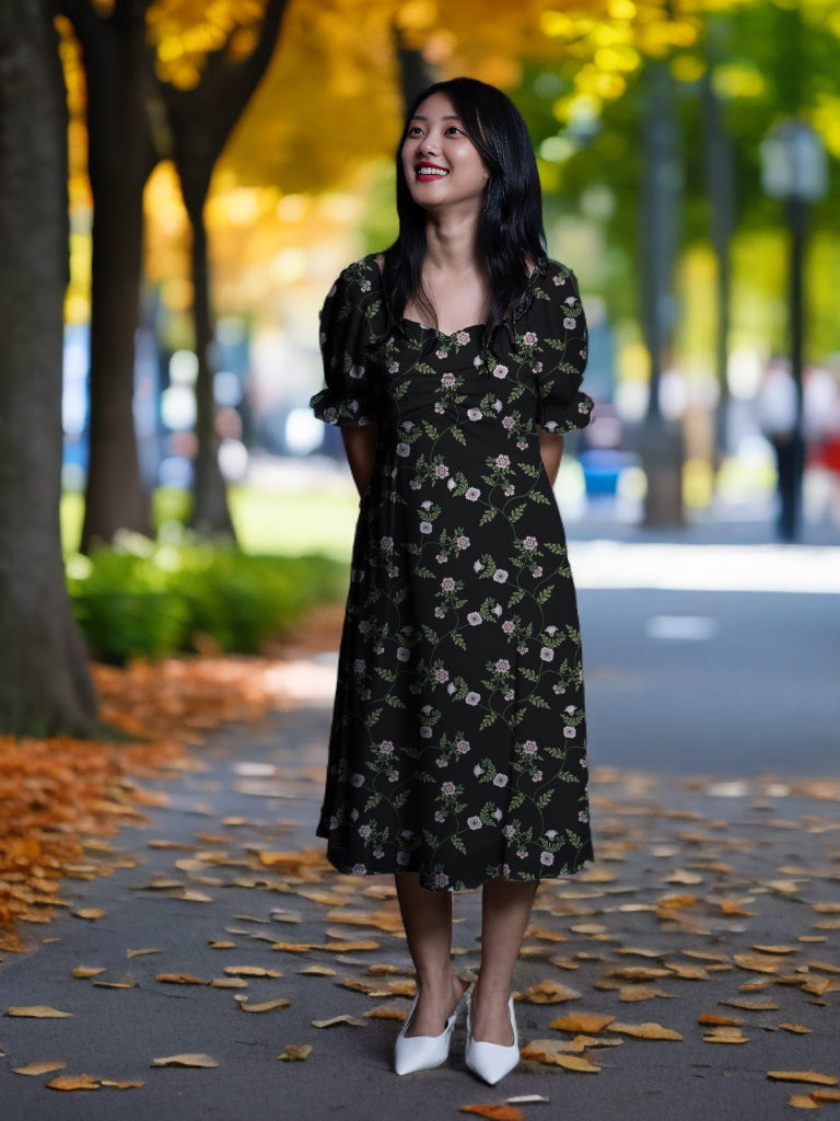 Black Floral Print A-Line Midi Dress