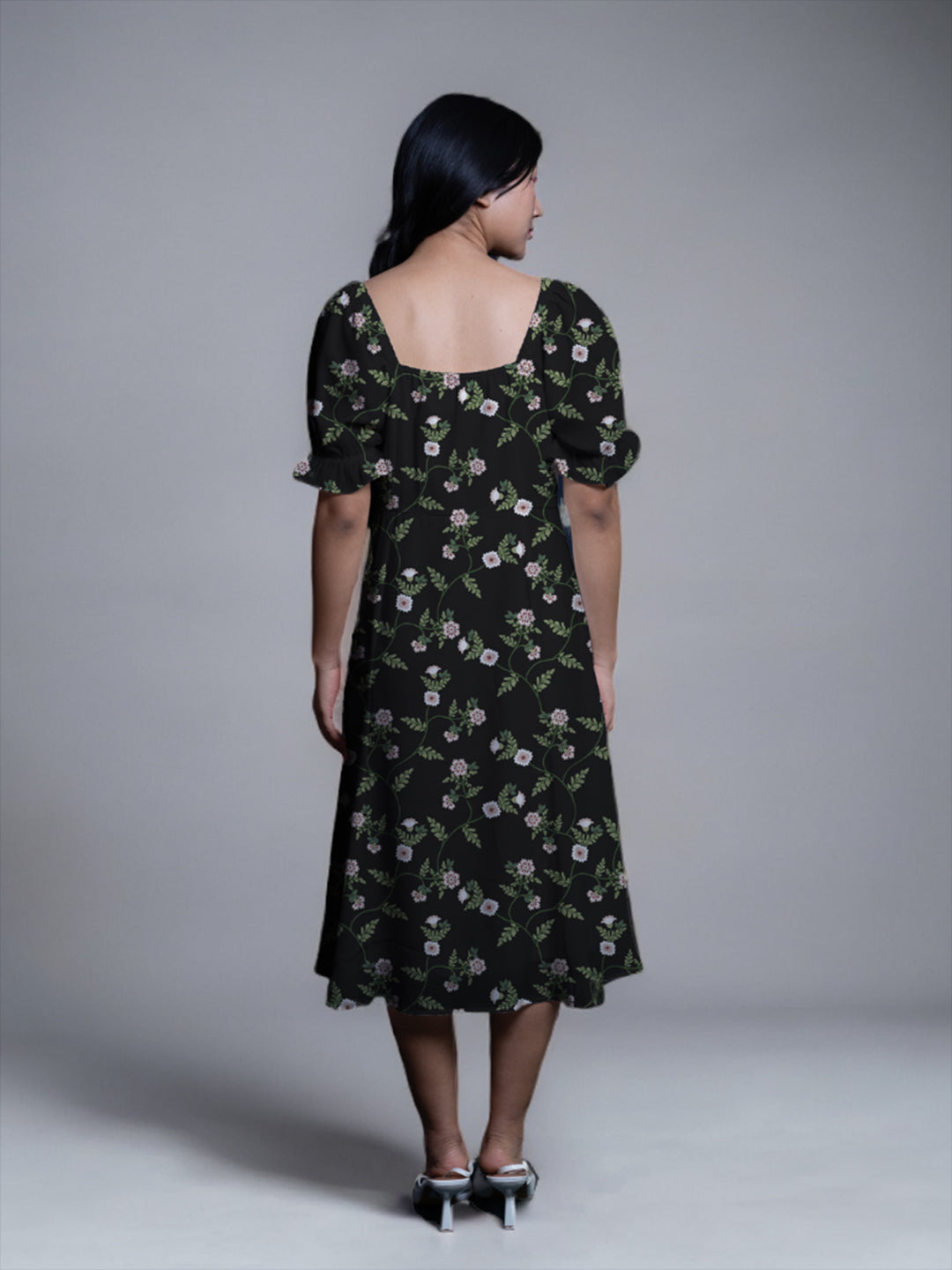 Black Floral Print A-Line Midi Dress