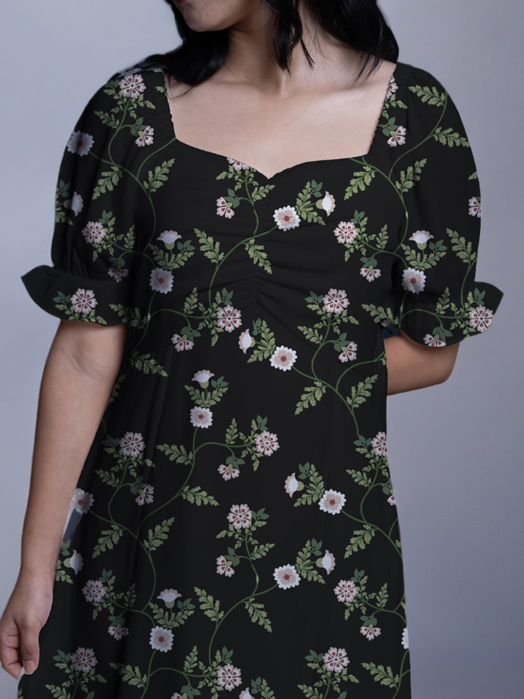 Black Floral Print A-Line Midi Dress