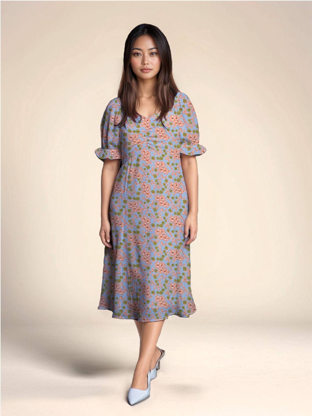 Blue Floral Print A-Line Midi Dress