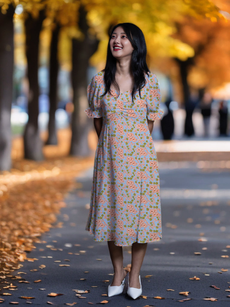 Blue Floral Print A-Line Midi Dress