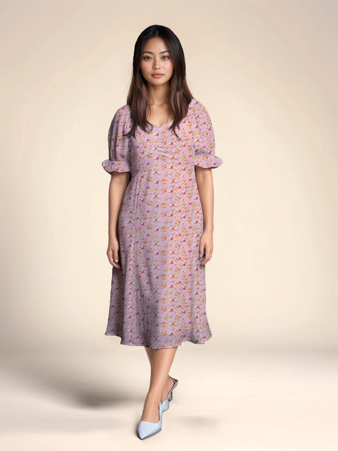 Pink Floral Print A-Line Midi Dress