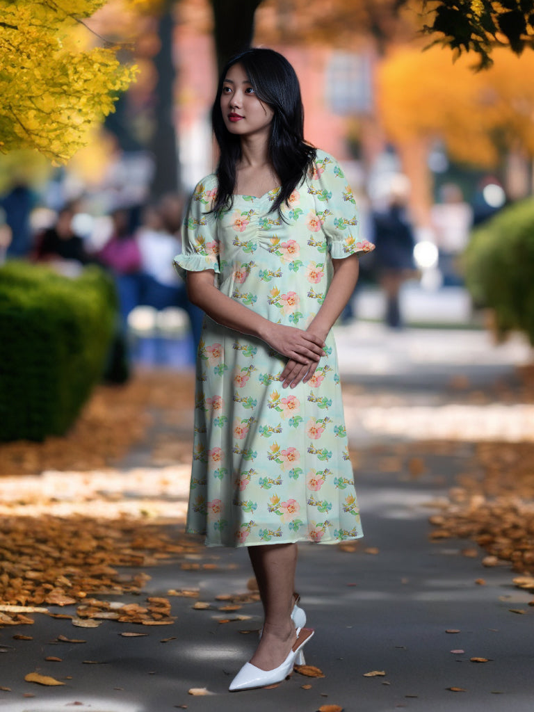 Multi Floral Print A-Line Midi Dress