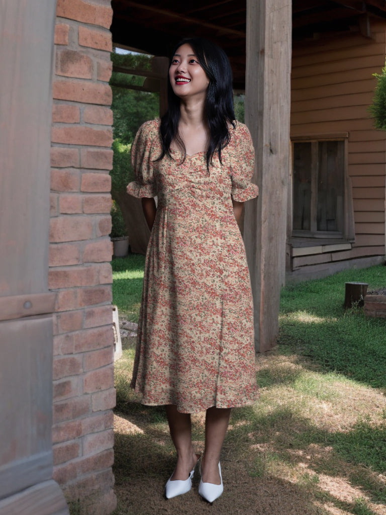 Beige Floral Print A-Line Midi Dress