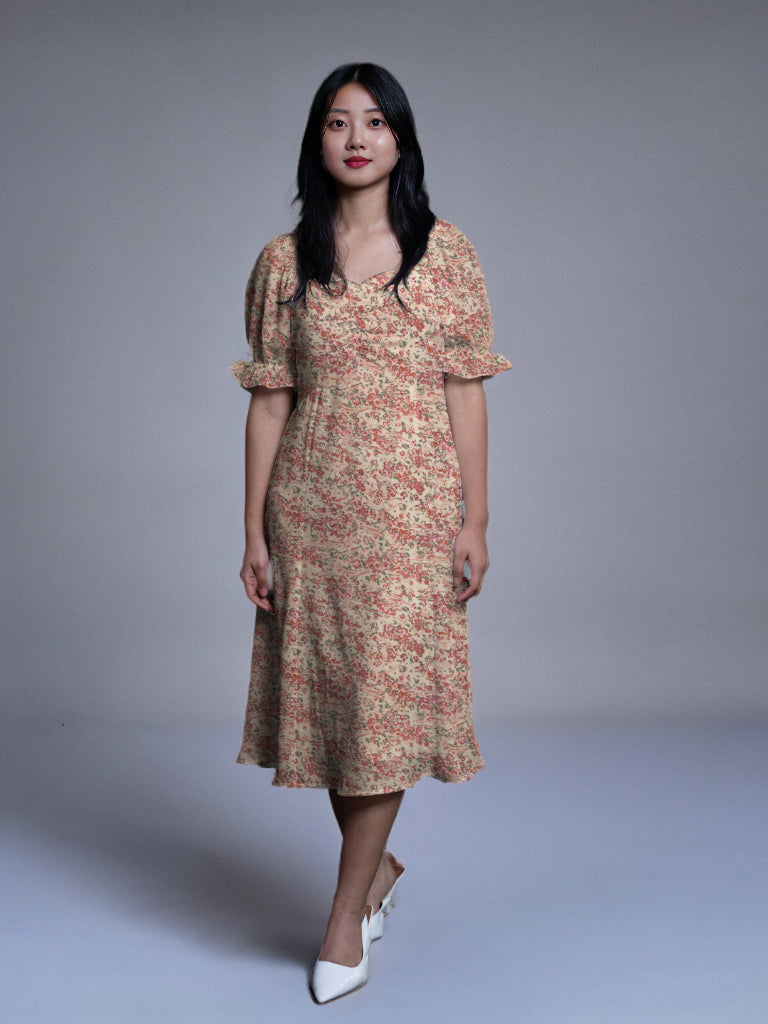 Beige Floral Print A-Line Midi Dress