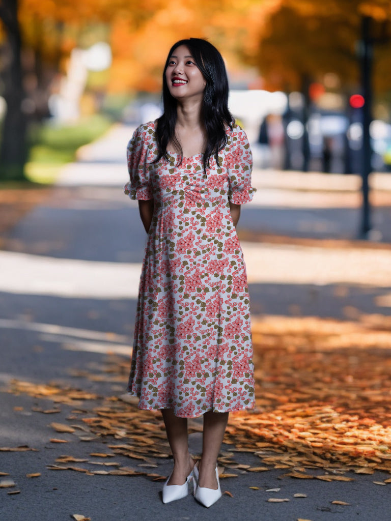 Light Pink Floral Print A-Line Midi Dress