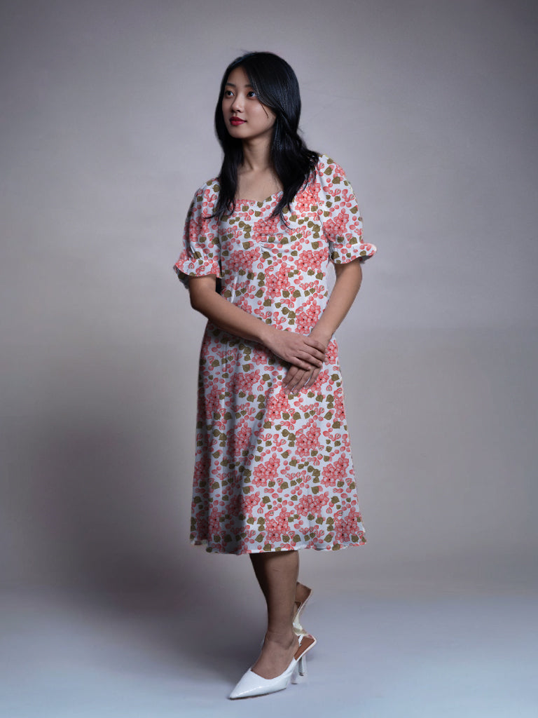 Light Pink Floral Print A-Line Midi Dress