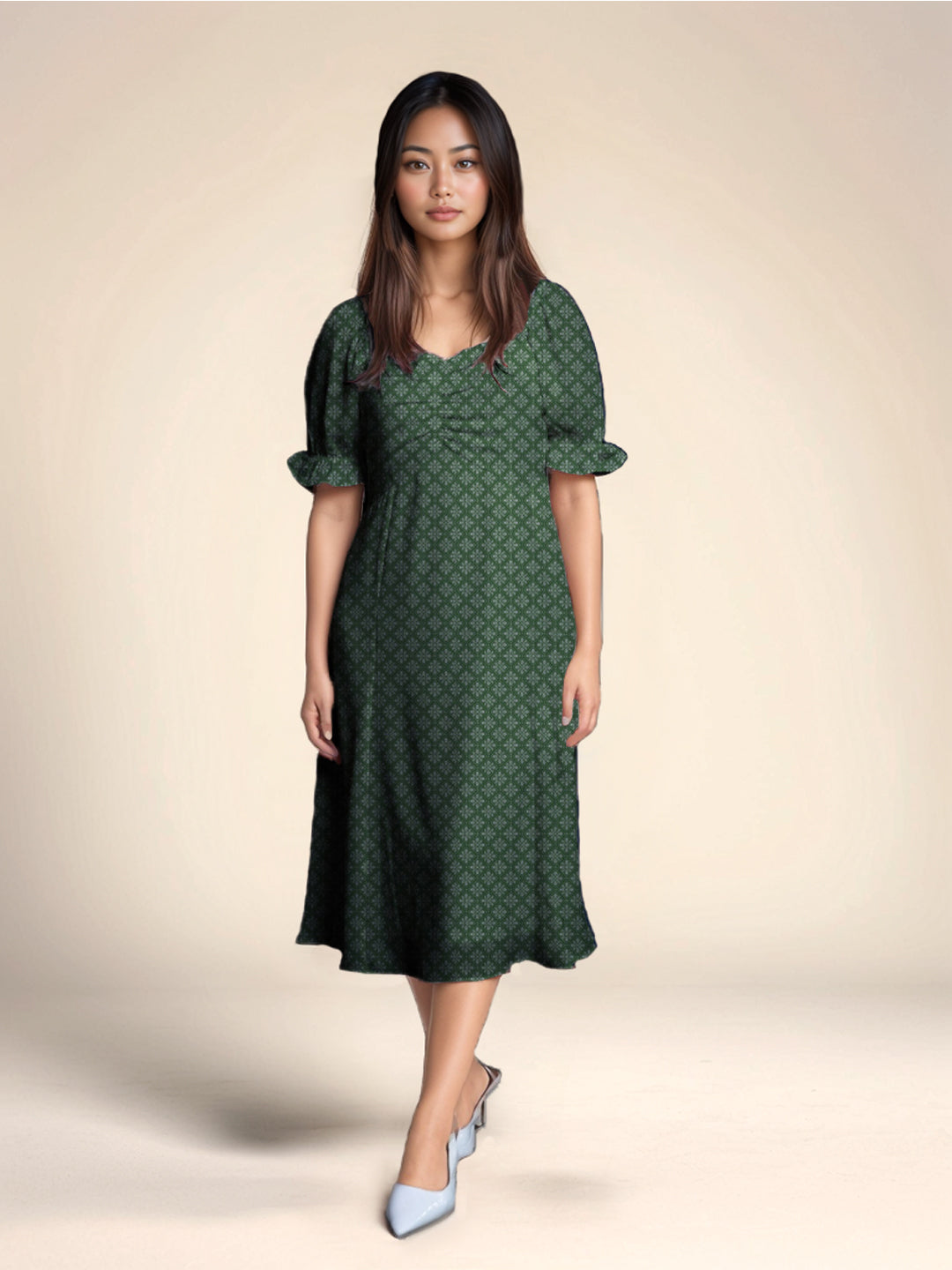 Green Floral Print A-Line Midi Dress