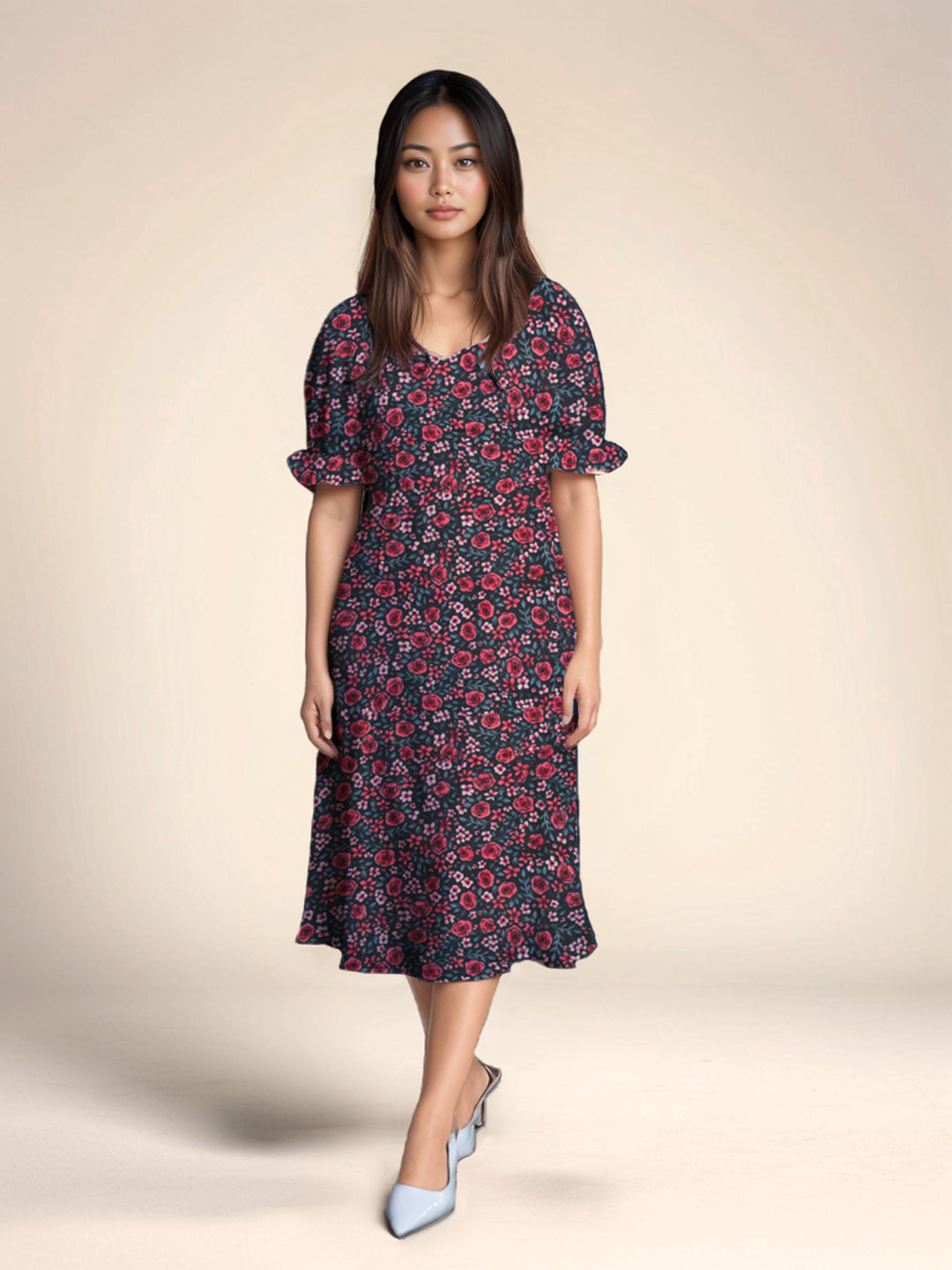 Black & Baby Pink Floral Print A-Line Midi Dress