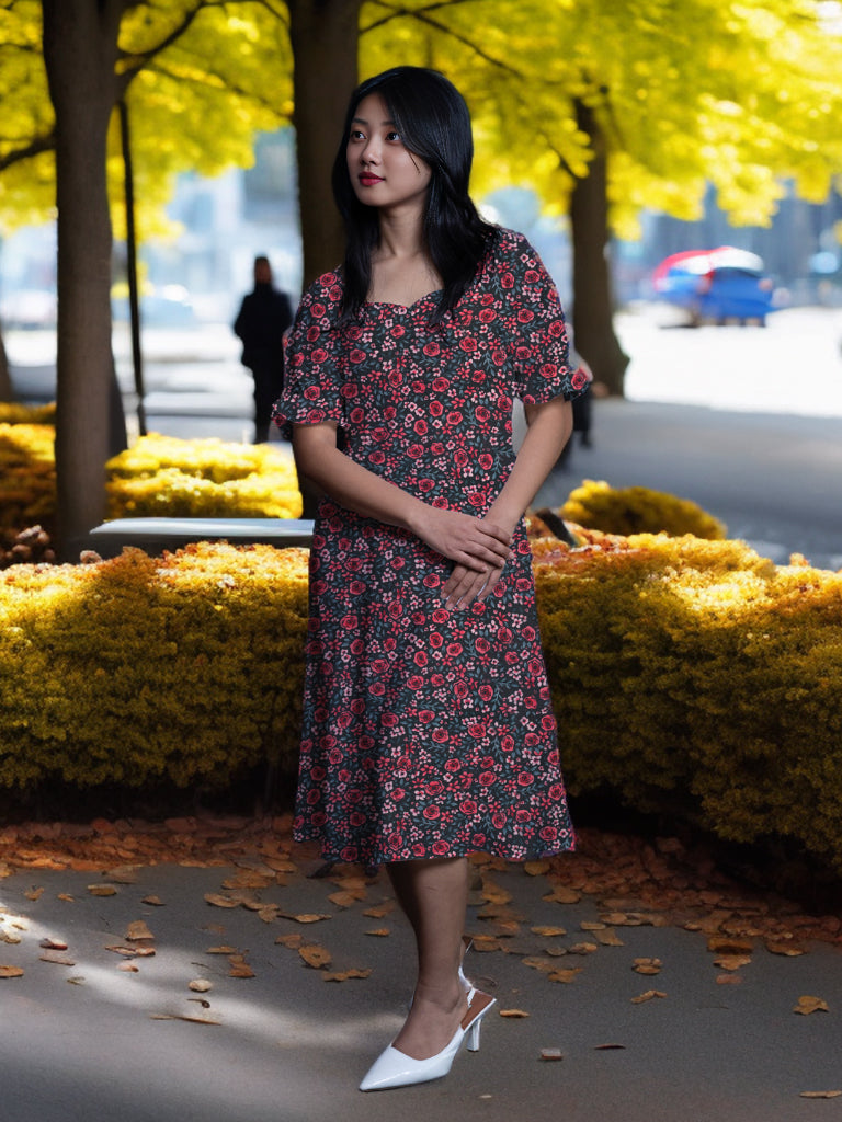 Black & Baby Pink Floral Print A-Line Midi Dress