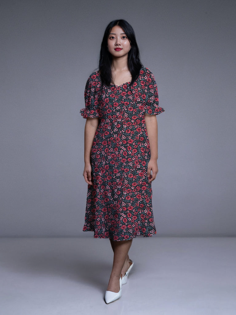 Black & Baby Pink Floral Print A-Line Midi Dress