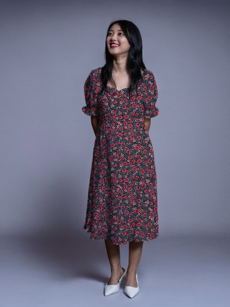 Black & Baby Pink Floral Print A-Line Midi Dress