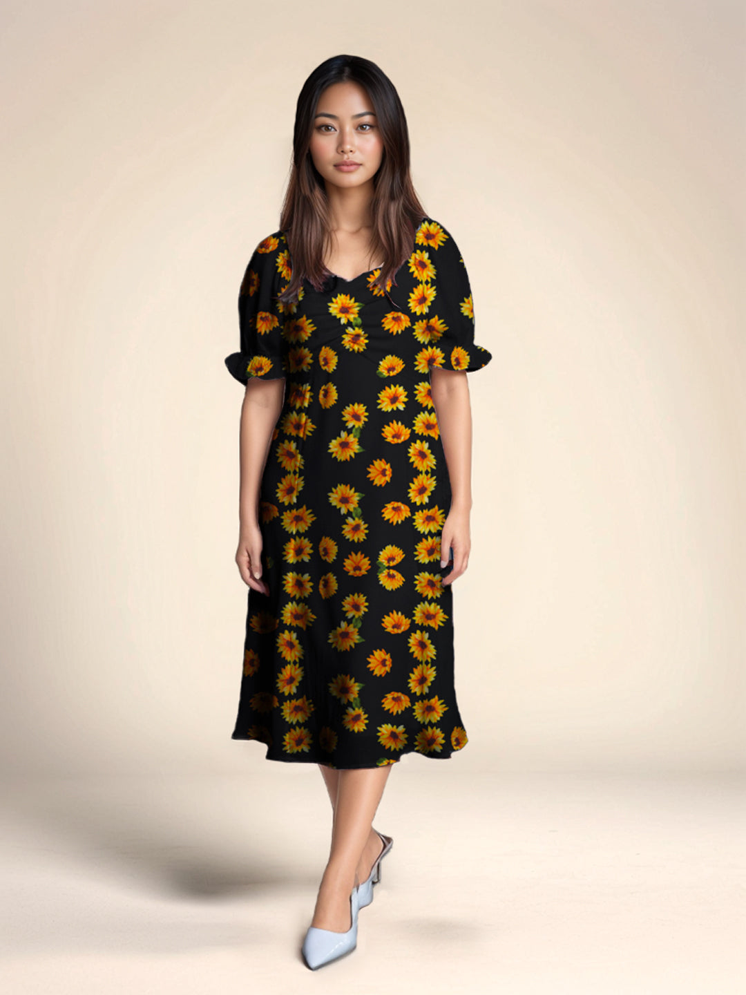 Black & Yellow Floral Print A-Line Midi Dress