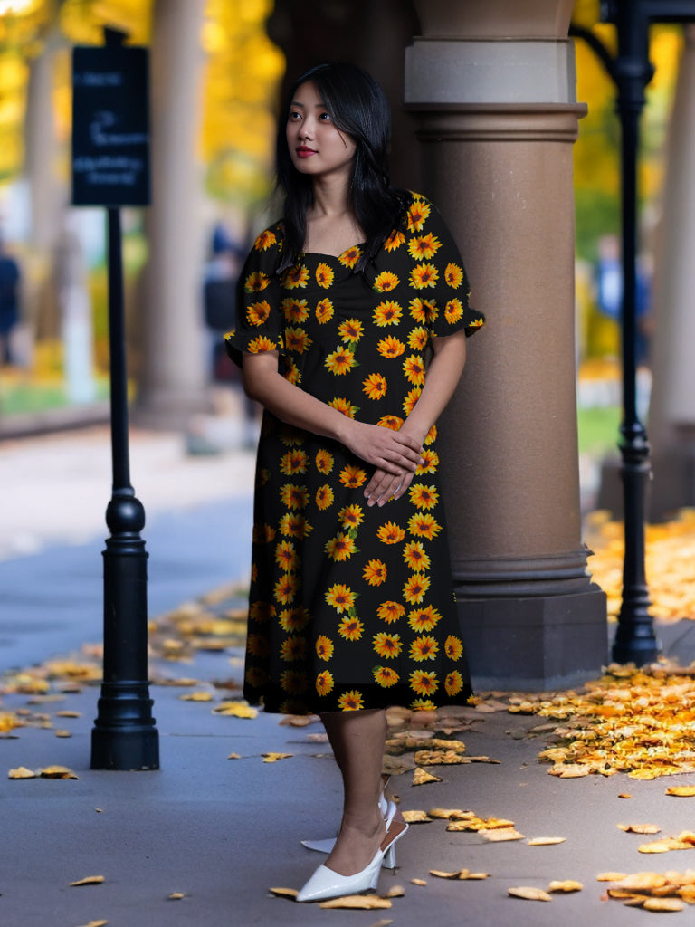 Black & Yellow Floral Print A-Line Midi Dress