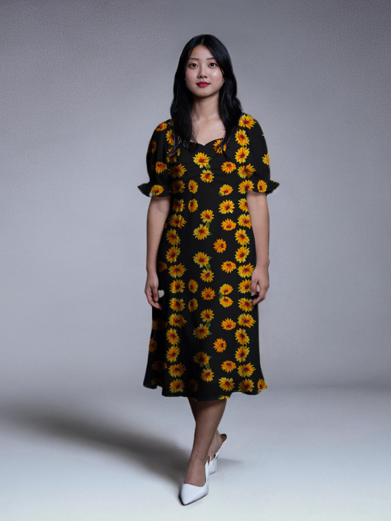 Black & Yellow Floral Print A-Line Midi Dress
