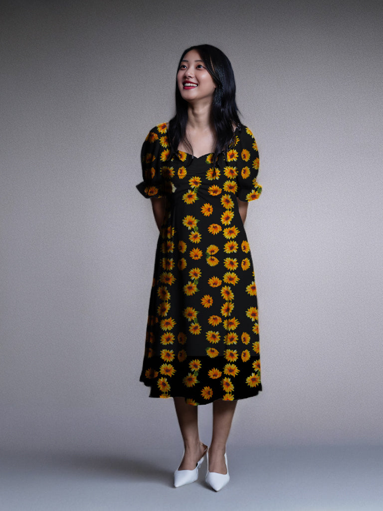 Black & Yellow Floral Print A-Line Midi Dress