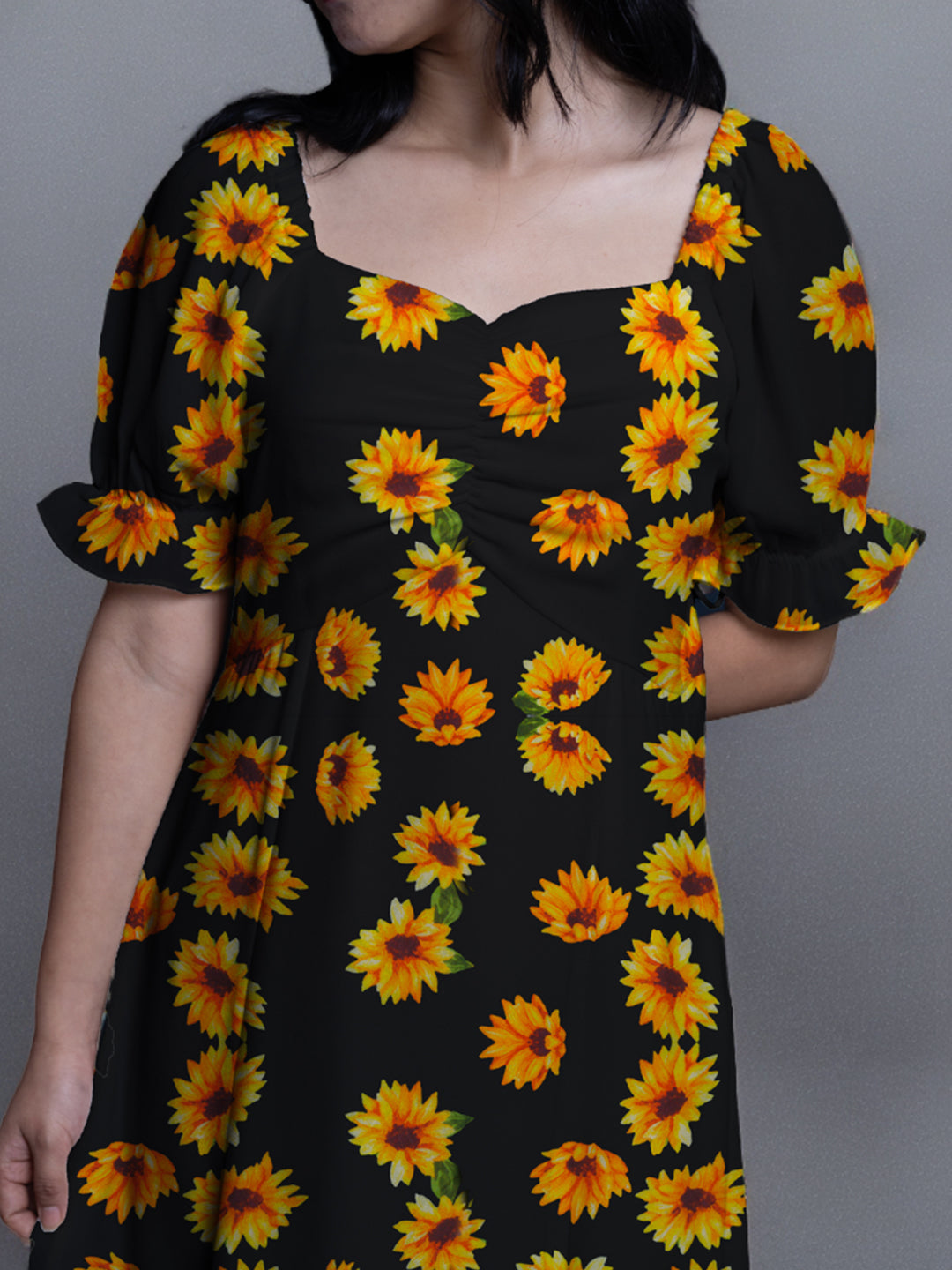 Black & Yellow Floral Print A-Line Midi Dress