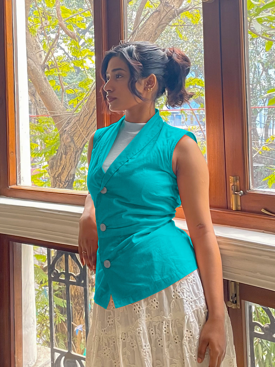 Teal Solid Sleeveless Top