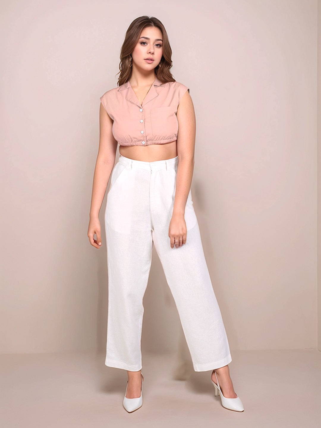 Peach Solid Sleeveless Crop Top