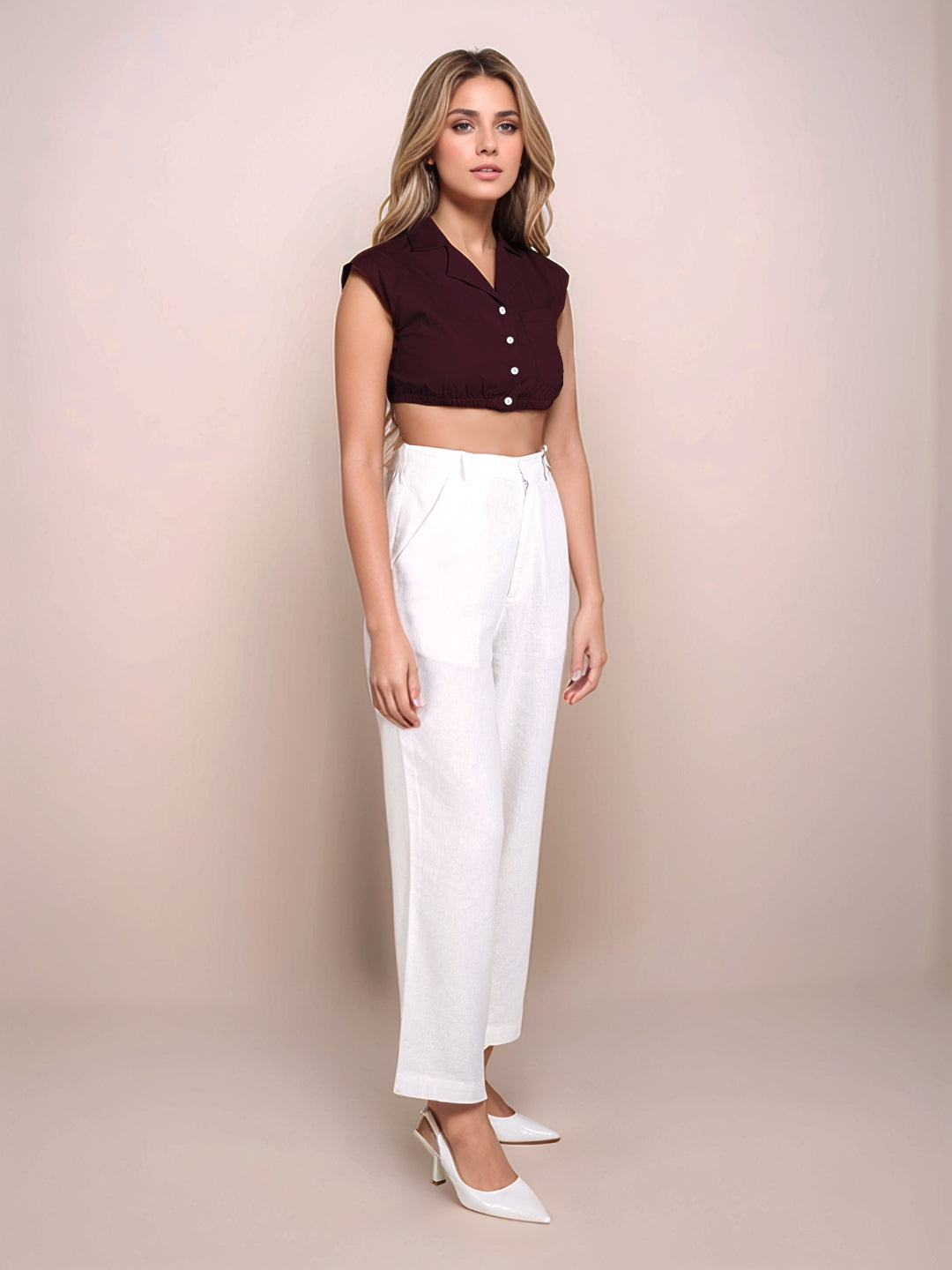 Wine Solid Sleeveless Crop Top