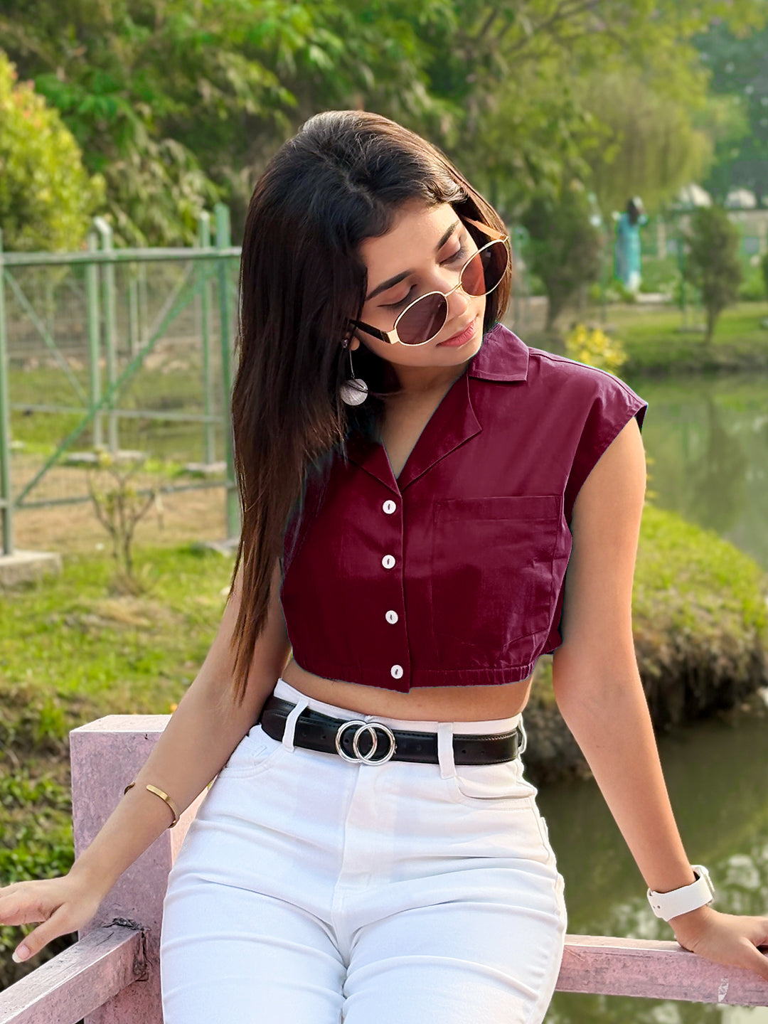 Wine Solid Sleeveless Crop Top