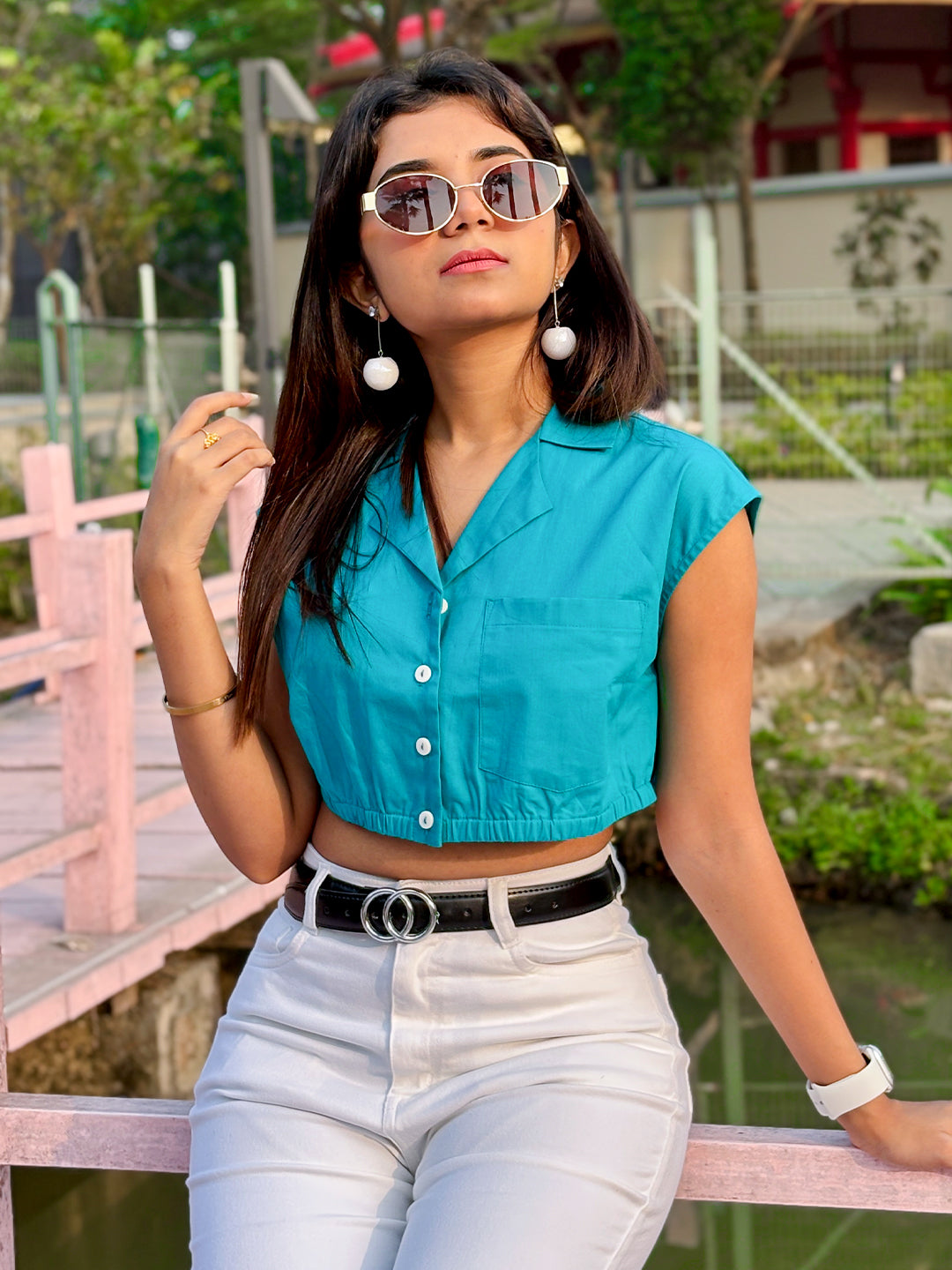 Teal Solid Sleeveless Crop Top