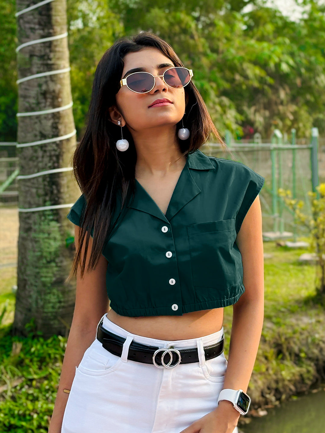 Dark Green Solid Sleeveless Crop Top